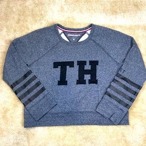 Tommy Hilfiger Sport Gray Black Cropped Sweat Shirt Women's Size L Large Logo TH